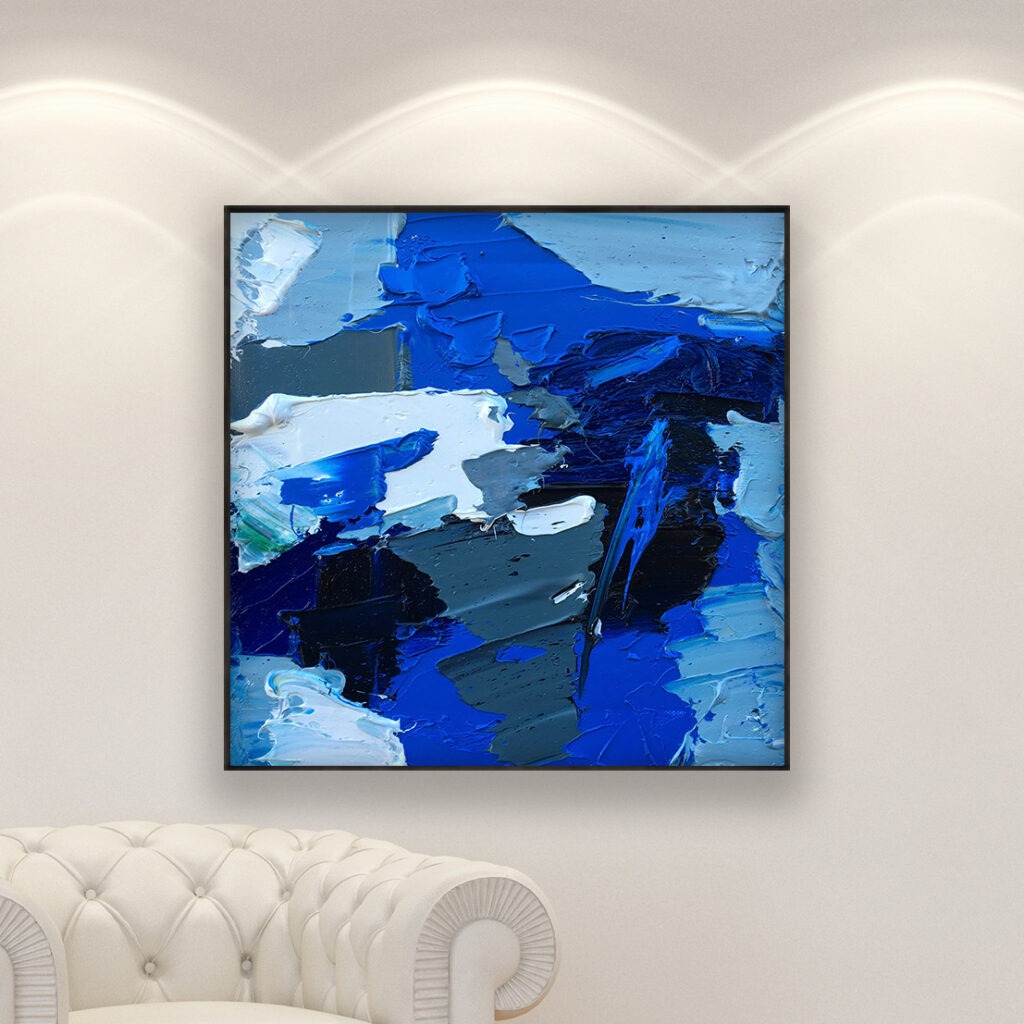 Abstract painting, original oil painting on canvas hanging in a modern living room with a white sofa and home decor