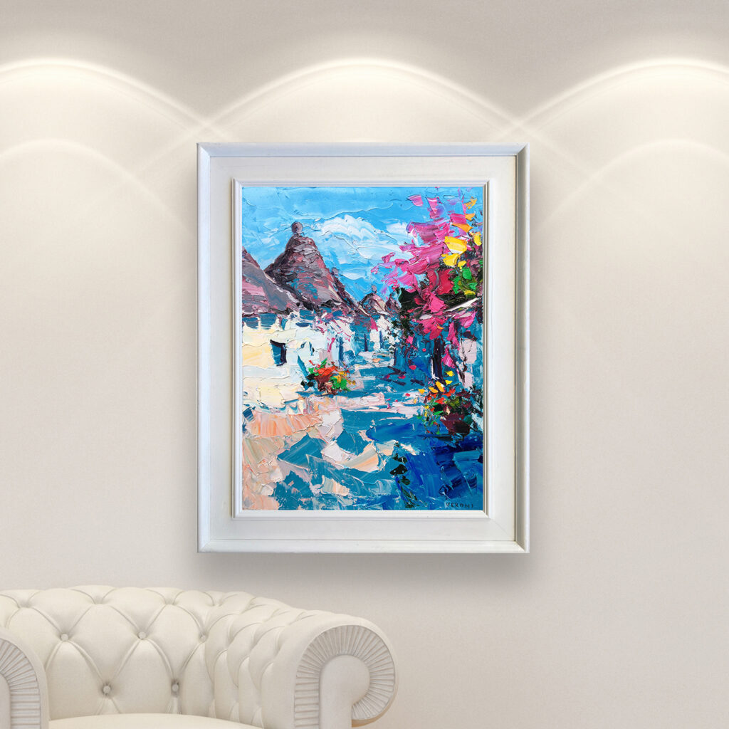 Alberobello Puglia painting, original oil painting on canvas hanging in a modern living room with a white sofa and home decor