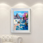 Alberobello Puglia painting, original oil painting on canvas hanging in a modern living room with a white sofa and home decor