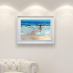 Beach painting, original oil painting on canvas hanging in a modern living room with a white sofa and home decor