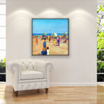 Beach painting, original oil painting on canvas hanging in a modern living room with a white sofa and home decor