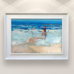 Beach painting, original oil painting on canvas hanging in a modern living room with a white sofa and home decor