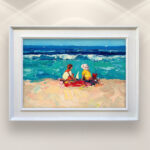 Modern Oil Painting on Canvas of a Beach with Children Playing hanging in a living room