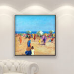 Beach painting, original oil painting on canvas hanging in a modern living room with a white sofa and home decor