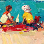 Detail of Modern Oil Painting on Canvas of a Beach with Children Playing