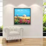 Beach painting, original oil painting on canvas hanging in a modern living room with a white sofa and home decor