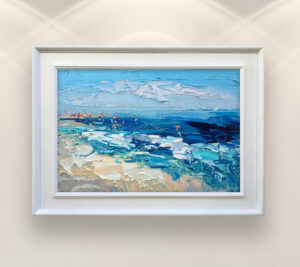 Textured Abstract Beach Painting on Canvas displayed on the wall in a stylish room