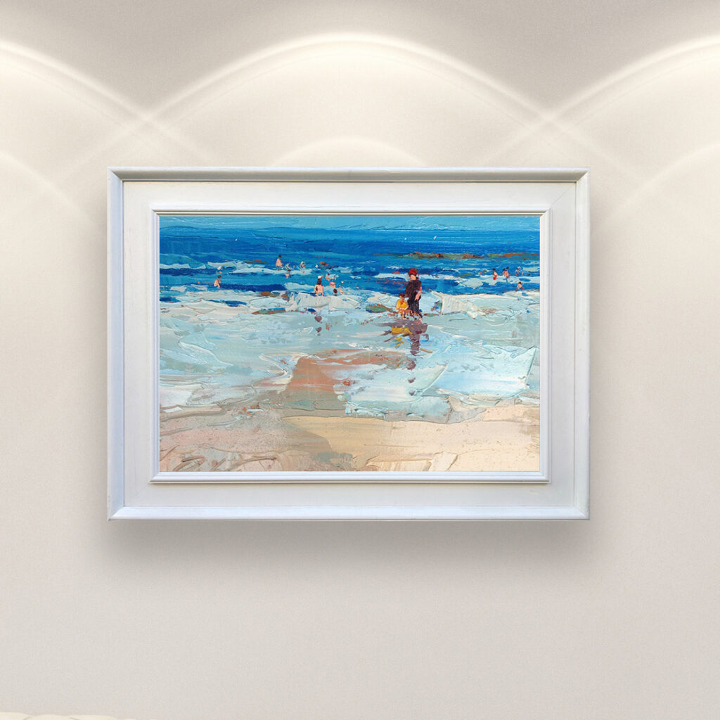 Beach painting, original oil painting on canvas hanging in a modern living room with a white sofa and home decor