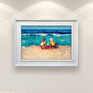 Modern Oil Painting on Canvas of a Beach with Children Playing hanging in a modern living room with a white sofa and home decor