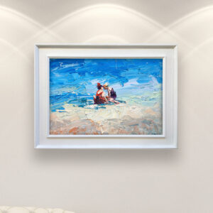 Beach painting on canvas, original oil painting of a modern beach scene with children playing on the sand, perfect for bedroom wall decor and a unique gift displayed in a living room with a white sofa and elegant home decor