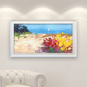 Beach oil painting on canvas, original modern textured floral coastal wall art, framed wall art, perfect for living room wall decor and as unique gift ideas, displayed on the wall in a stylish room