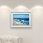 Textured Abstract Beach Painting on Canvas displayed on the wall in a stylish room