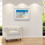 Beach painting, original oil painting on canvas hanging in a modern living room with a white sofa and home decor