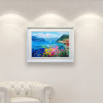 Bellagio Lake Como oil painting on canvas, original modern textured Italian landscape wall art, framed, perfect for living room wall decor and as unique gift for her, displayed on the wall above a white sofa in a stylish living room