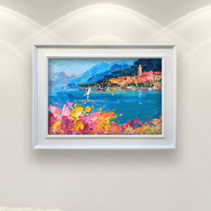 Bellagio Lake Como Oil Painting on Canvas, Modern Textured Italy Wall Art, Original Wall Decor for Living Room and Handmade Gift for Her displayed in a living room