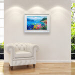 Bellagio Lake Como oil painting on canvas, original modern textured Italian landscape wall art, framed, perfect for living room wall decor and as unique gift for her, displayed on the wall above a white sofa in a stylish living room