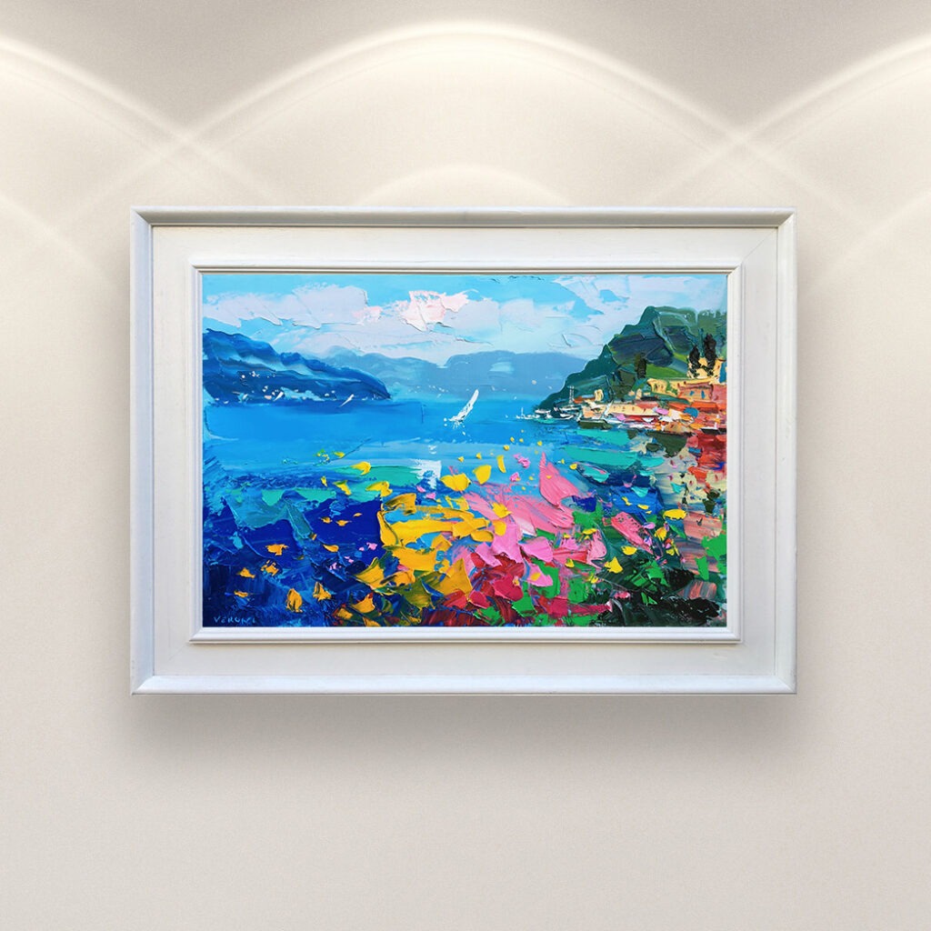 Bellagio Lake Como oil painting on canvas, original modern textured Italian landscape wall art, framed, perfect for living room wall decor and as unique gift for her, displayed on the wall above a white sofa in a stylish living room