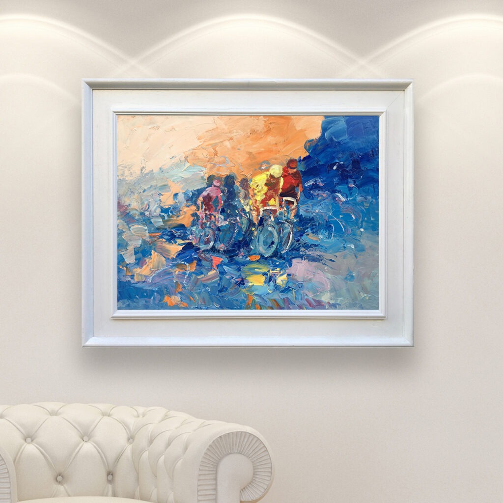 Bike painting, original oil painting on canvas hanging on a modern wall