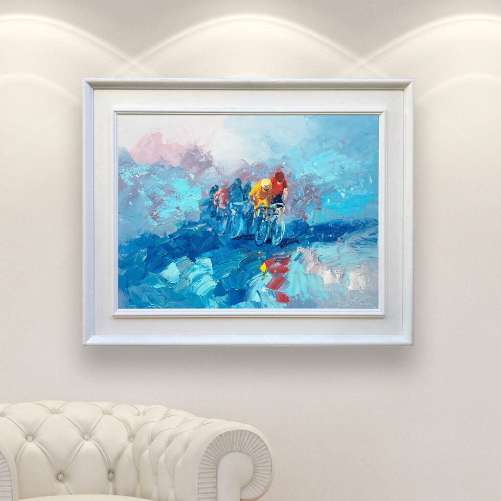 Cycling race painting painting, original oil painting on canvas hanging in a modern living room with a white sofa and home decor