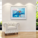 Cycling race painting painting, original oil painting on canvas hanging in a modern living room with a white sofa and home decor