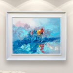 Cycling race painting painting, original oil painting on canvas hanging in a modern living room with a white sofa and home decor