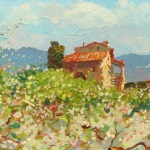 Detail of Spring Bloom in Tuscany, landscape painting, original oil painting on canvas