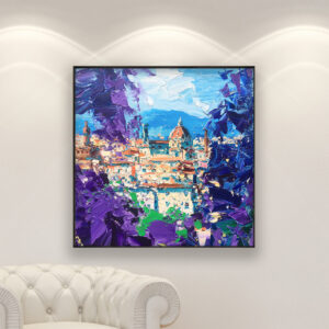 Florence oil painting on canvas, original modern textured Italian city wall art, framed, perfect for room wall decor and as unique gift for her, displayed on the wall above a white sofa in a stylish living room