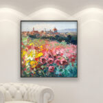 Florence oil painting on canvas, original modern textured Italy city wall art, framed, perfect for room wall decor and as unique gift for her, displayed on the wall above a white sofa in a stylish living room