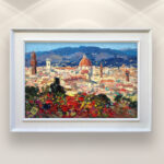 Florence oil painting on canvas, original art, framed, displayed on the wall above a white sofa in a stylish living room