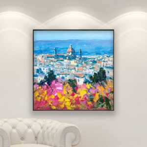 Florence painting, original oil painting on canvas hanging in a modern living room with a white sofa and home decor