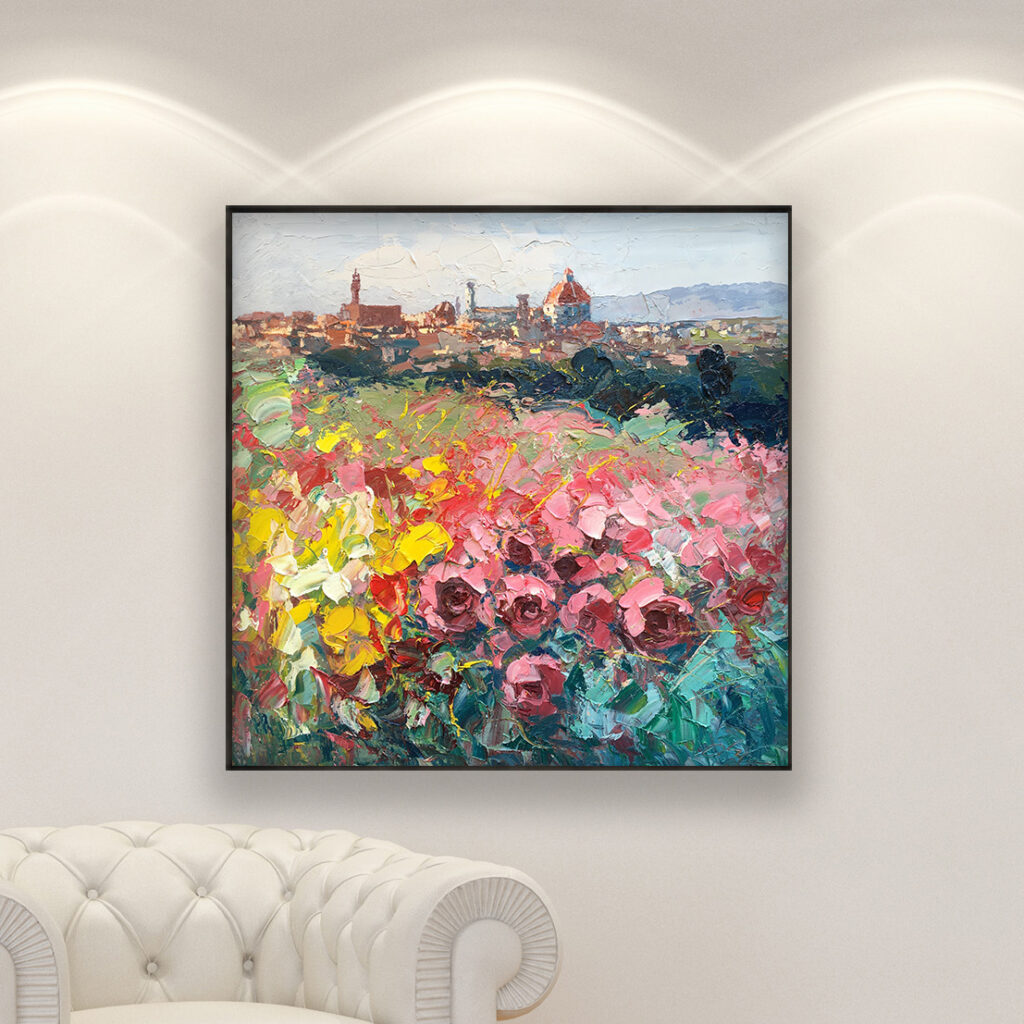 Florence painting on canvas, original modern textured Italy city wall art displayed on the wall above a white sofa in a stylish living room