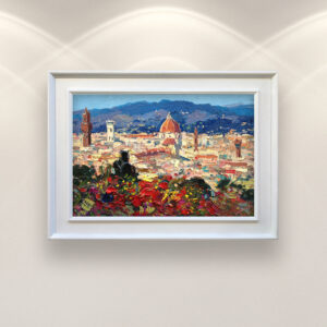 Florence oil painting on canvas, original art, framed, displayed on the wall above a white sofa in a stylish living room