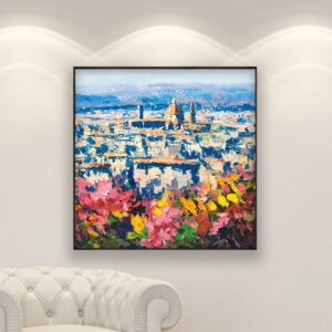 Florence Painting on Canvas with Colorful Flowers, Original Oil Painting, Modern Italy City Art for Living Room, Large Wall Decor and Gift displayed in a living room with a white sofa