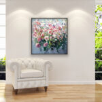 Roses painting, original oil painting on canvas hanging in a modern living room with a white sofa and home decor