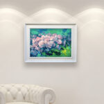 Hydrangea oil painting on canvas, original modern textured floral wall art, framed, perfect for living room wall decor and as unique gift for her, displayed on the wall above a white sofa in a stylish living room