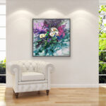 Flowers painting, original oil painting on canvas hanging in a modern living room with a white sofa and home decor