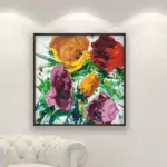 Flowers painting, original oil painting on canvas hanging in a modern living room with a white sofa and home decor