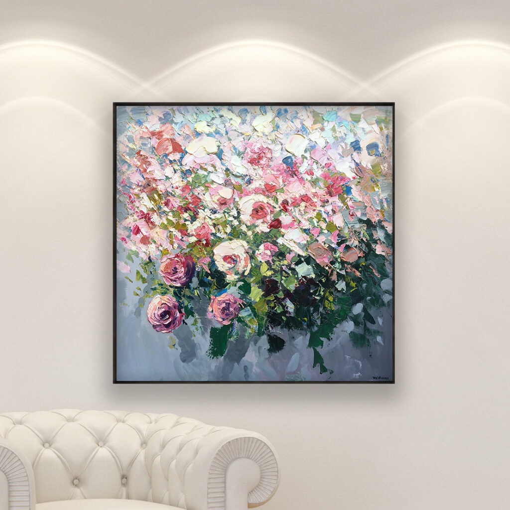 White and Pale Pink Roses painting on canvas hanging in a modern living room with a white sofa and home decor