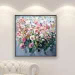 Roses painting, original oil painting on canvas hanging in a modern living room with a white sofa and home decor