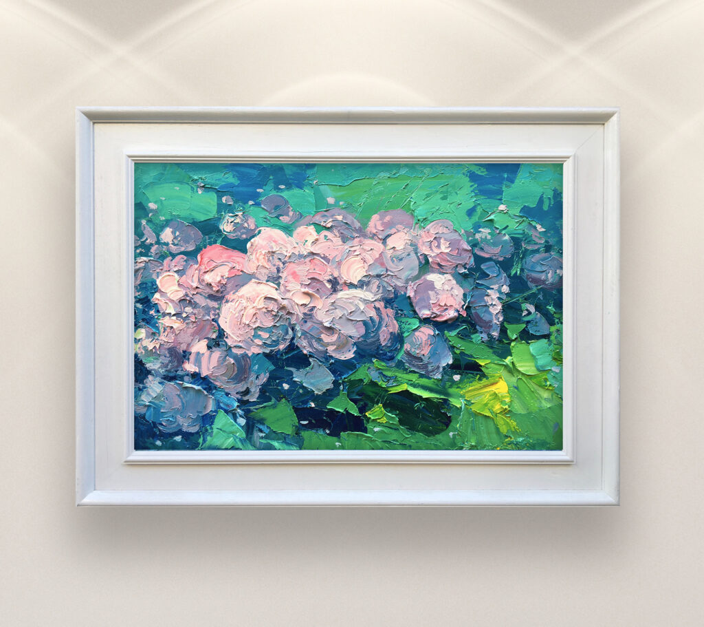 Hydrangea oil painting on canvas, original modern textured floral wall art, framed, perfect for living room wall decor and as unique gift for her, displayed on the wall above a white sofa in a stylish living room