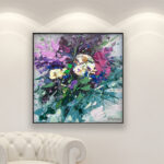 Flowers painting, original oil painting on canvas hanging in a modern living room with a white sofa and home decor