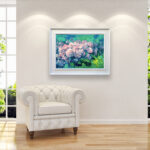 Hydrangea oil painting on canvas, original modern textured floral wall art, framed, perfect for living room wall decor and as unique gift for her, displayed on the wall above a white sofa in a stylish living room