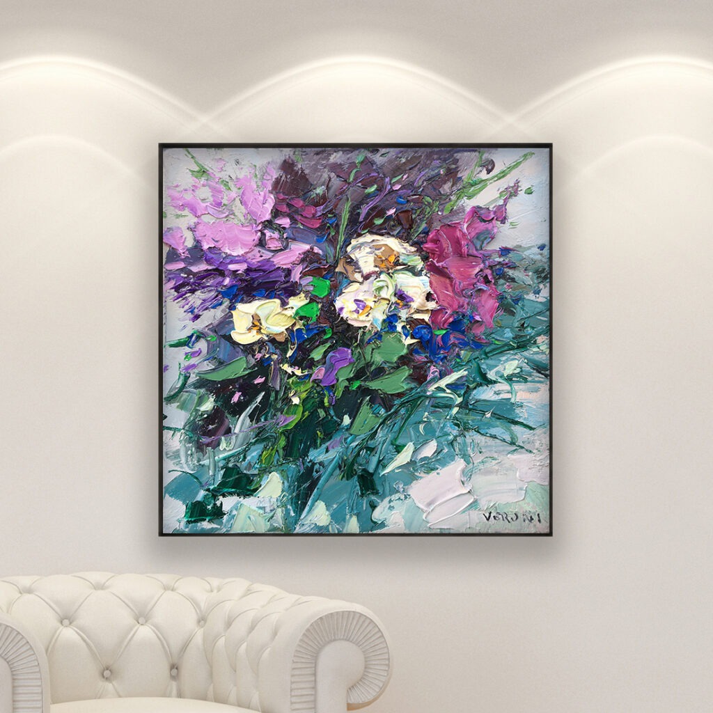 Flowers painting, original oil painting on canvas hanging in a modern living room with a white sofa and home decor