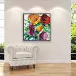 Flowers painting, original oil painting on canvas hanging in a modern living room with a white sofa and home decor