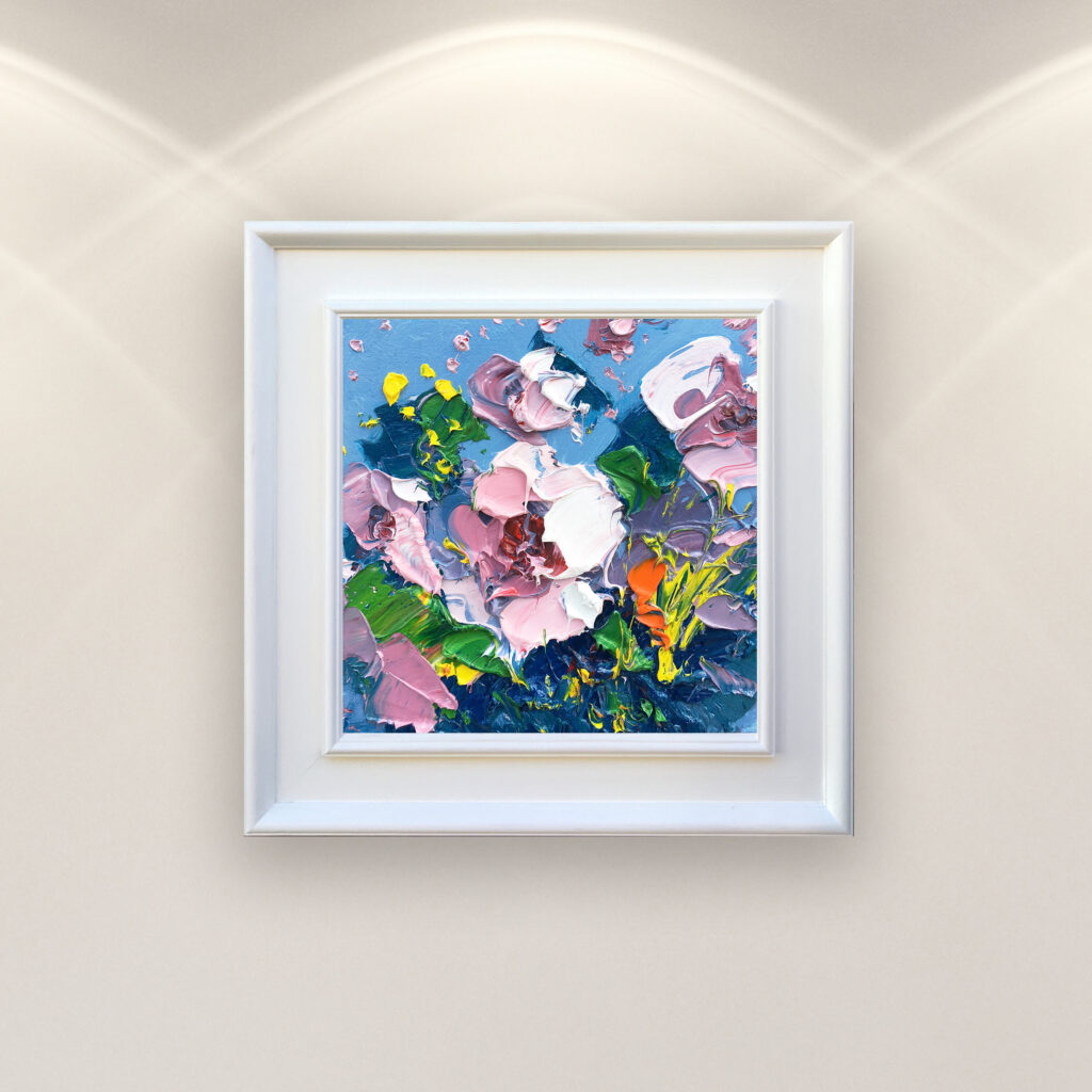 Flowers oil painting on canvas, original modern textured floral wall art, framed, perfect for bedroom wall decor and as unique gift for her, displayed on the wall in a stylish room