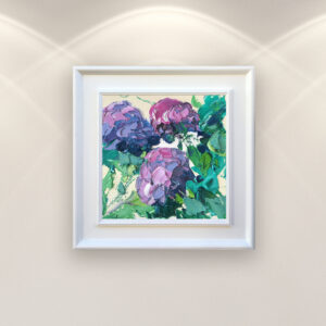 Hydrangea flowers oil painting on canvas, original modern textured purple floral wall art, framed, perfect for kitchen wall decor and as unique gift for her, displayed on the wall in a stylish room