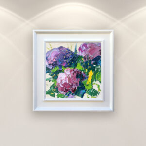 Hydrangea flowers oil painting on canvas, original modern textured purple floral wall art, framed, perfect for bedroom wall decor and as unique gift for her, displayed on the wall in a stylish room