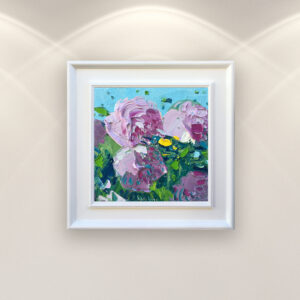 Hydrangea flowers oil painting on canvas, original modern textured purple floral wall art, framed, perfect for bedroom wall decor and as unique gift for her, displayed on the wall in a stylish room