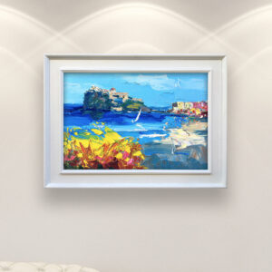 Ischia painting on canvas, oil painting original, modern textured Italy wall art for living room home decor and handmade unique gift ideas displayed in a living room with a white sofa and elegant home decor