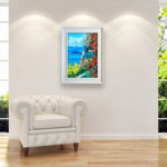 Lake Como oil painting on canvas with rich impasto texture hanging in a modern living room with a white sofa